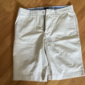 J. Crew Men's light beige flat front Rivington longer approx 10” inseam shorts.
